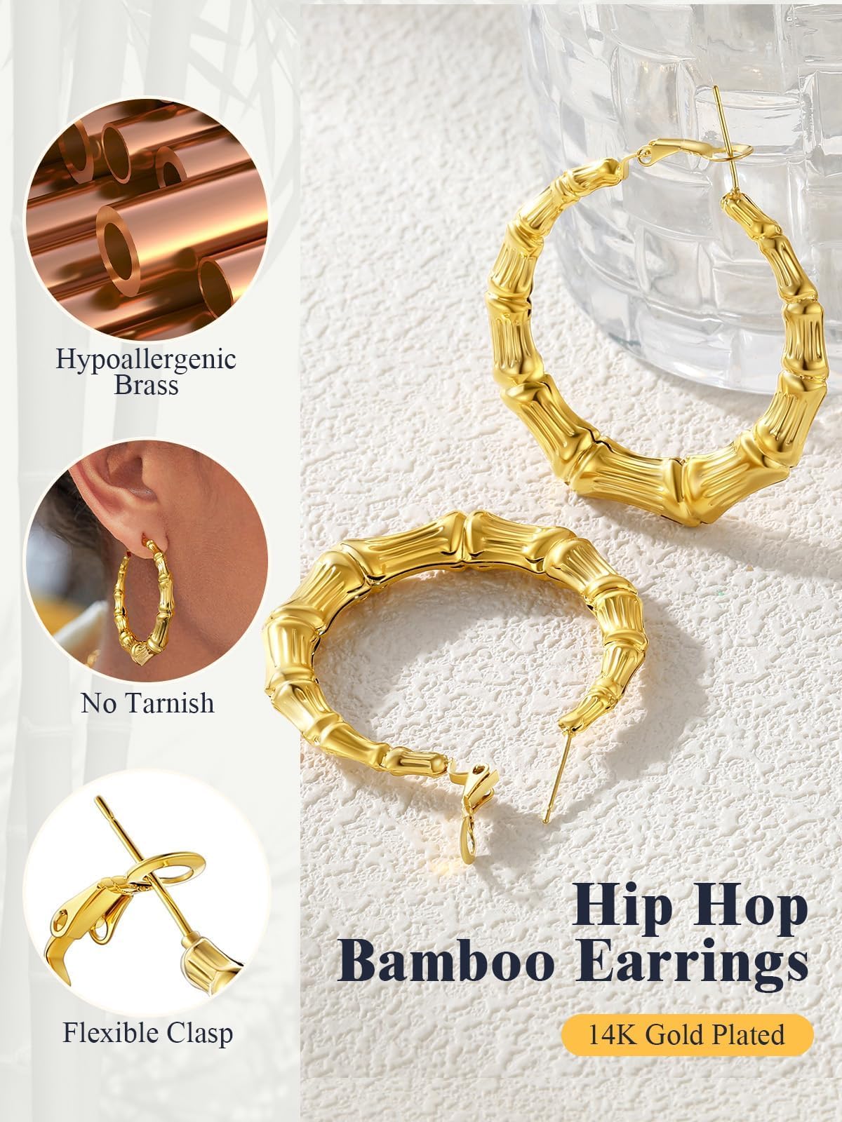 Party Jewelry 18K Gold Plated Lightweight Tube Bamboo Hoop Earrings for Women