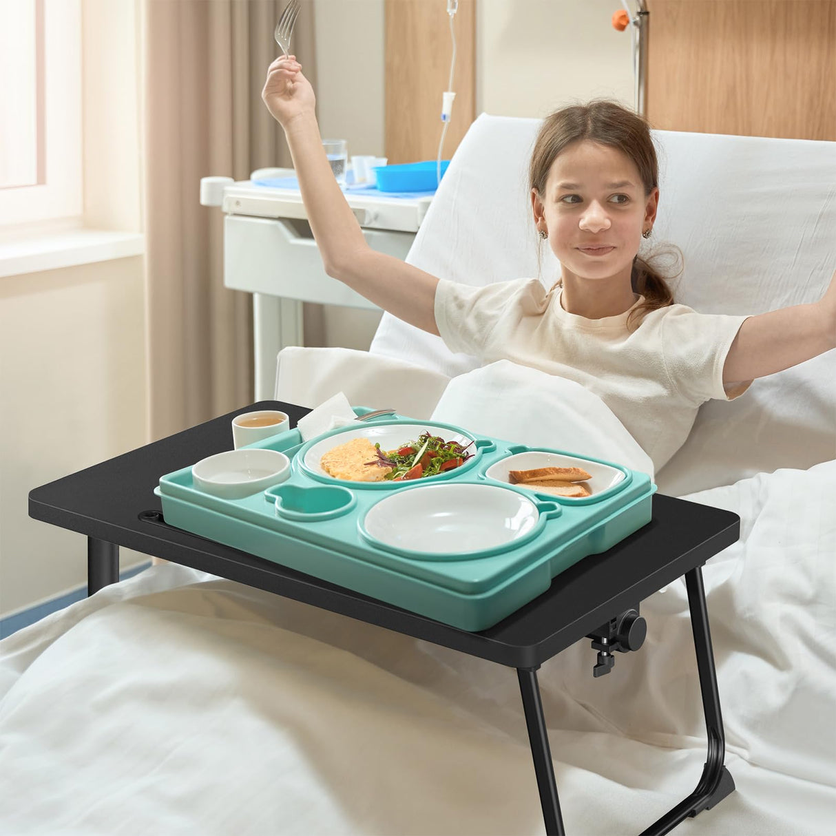 Eocnrhe Adjustable Overbed Bedside Table, Hospital Bed Table with Wheels, Portable Rolling Desk, Mobile Small Standing Desk, Rolling Laptop Stand, Computer Cart