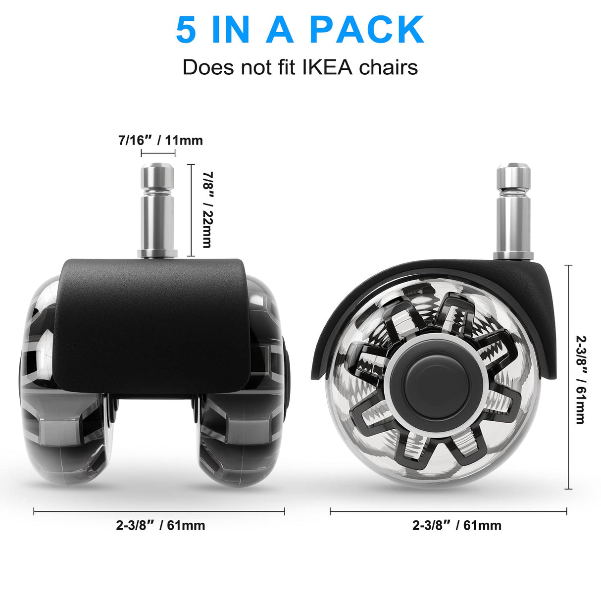 Office Chair Caster Wheels (Set of 5),Heavy-Duty Chair Wheels Support 2200lbs,Mute Rubber Chair Casters for Hardwood Floors and Carpet,2 Inch Universal Fit (Black)