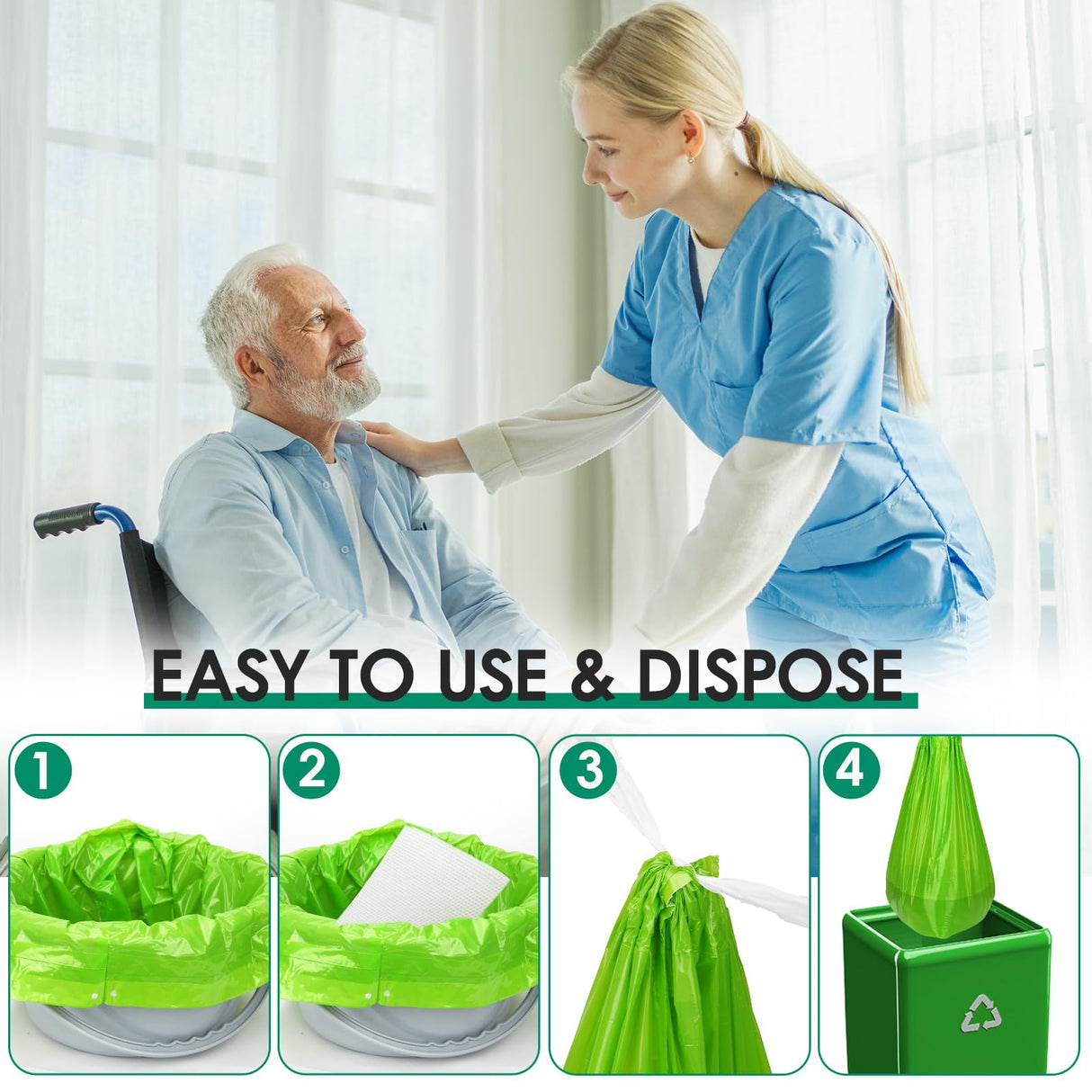 BOOWOO Bedside Commode Liners with Absorbent Pads, 50 Disposable Commode Bags and 50 Pads, Scented Adult Potty Chair Liners, Portable Commode Poop Bags for Commode Chair, Bedpan, Bucket Toilet