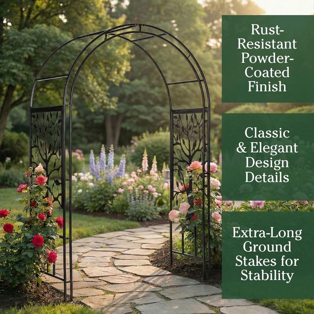 Plow & Hearth Metal Garden Arch Trellis Arbor Tree of Life Panels, 7 feet Freestanding Outdoor Arch Trellis for Climbing Plants, Pathway Entry and Wedding Garden Decor