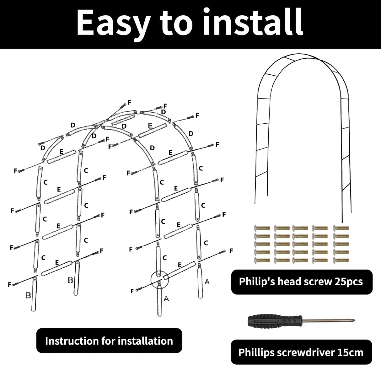 RUBFAC 94" Metal Garden Arch Trellis for Climbing Plants Outdoor, Garden Arbors and Arches, Wedding Arch Frame Archway for Balloons Pumpkin Vines Halloween Christmas Party Decoration, Black