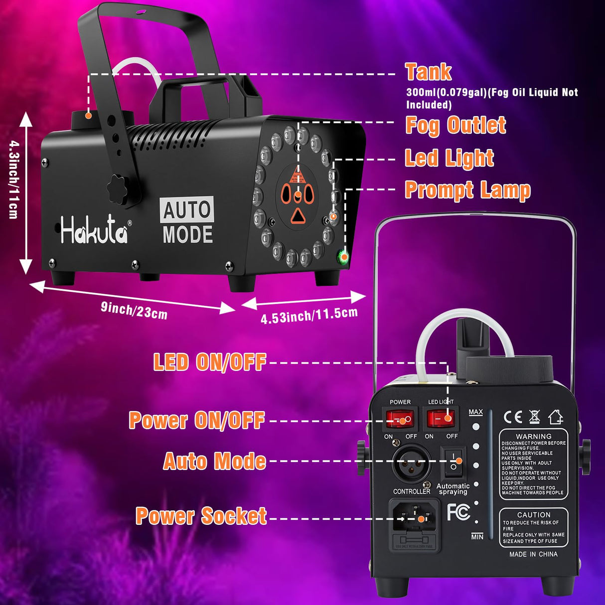 Hakuta Fog Machine, Smoke Machine with Racing, Jumping, Fading, Flashing LED Modes 18 Colorful LED Lights 2300 CFM Spray Automatic Smoke Machine, Great for Halloween, Christmas, Wedding and Parties