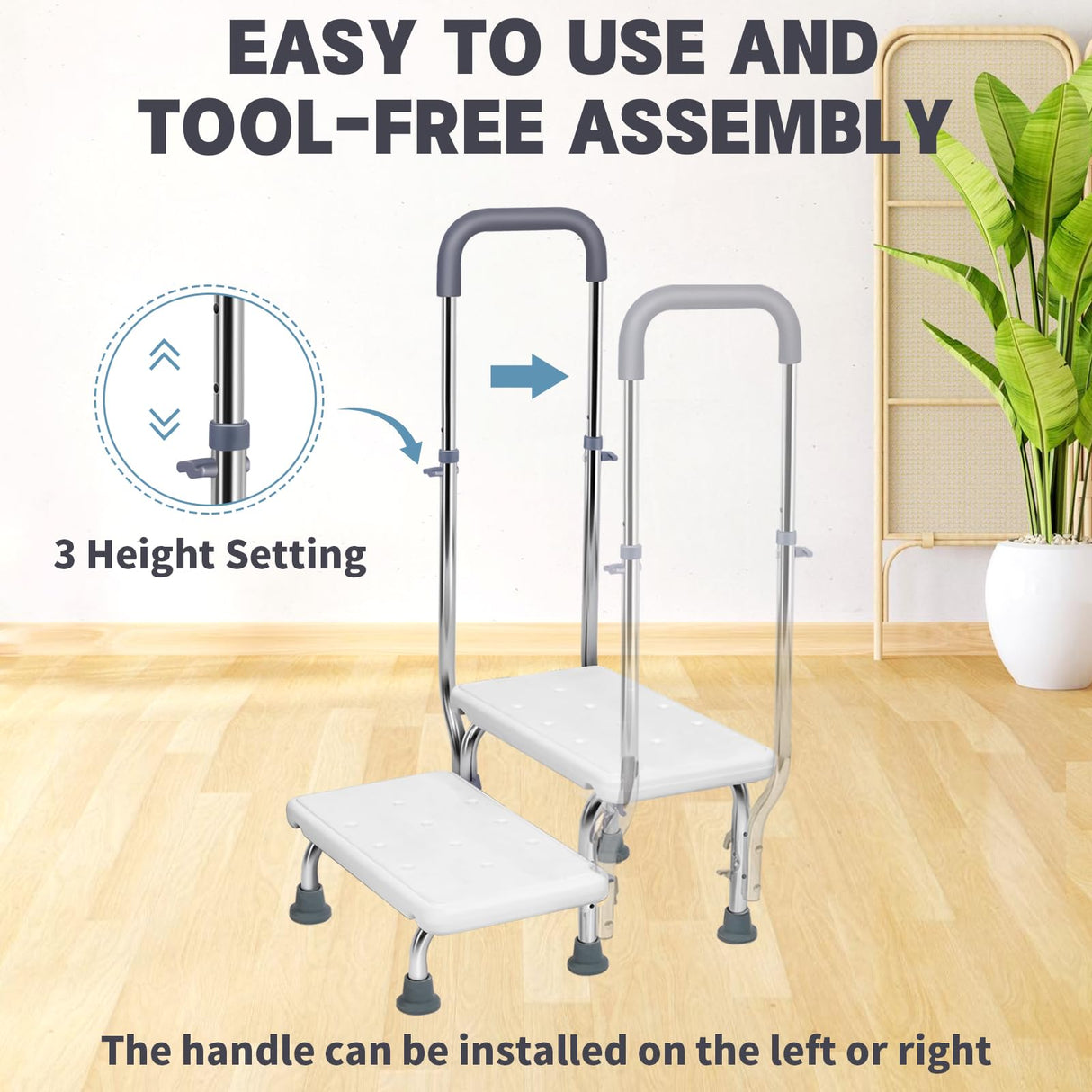 2 Step Stool with Handle for Elderly - Non-Slip Bedside Steps with Adjustable Handrail (450 lbs Capacity)