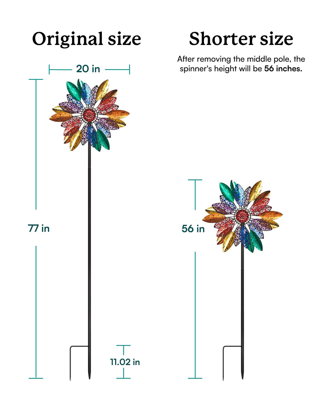 Cyan Oasis Solar Garden Wind Spinners with Light, Metal Yard Wind Spinners with Stake for Outdoor Lawn Decor (20" W x 77" H)