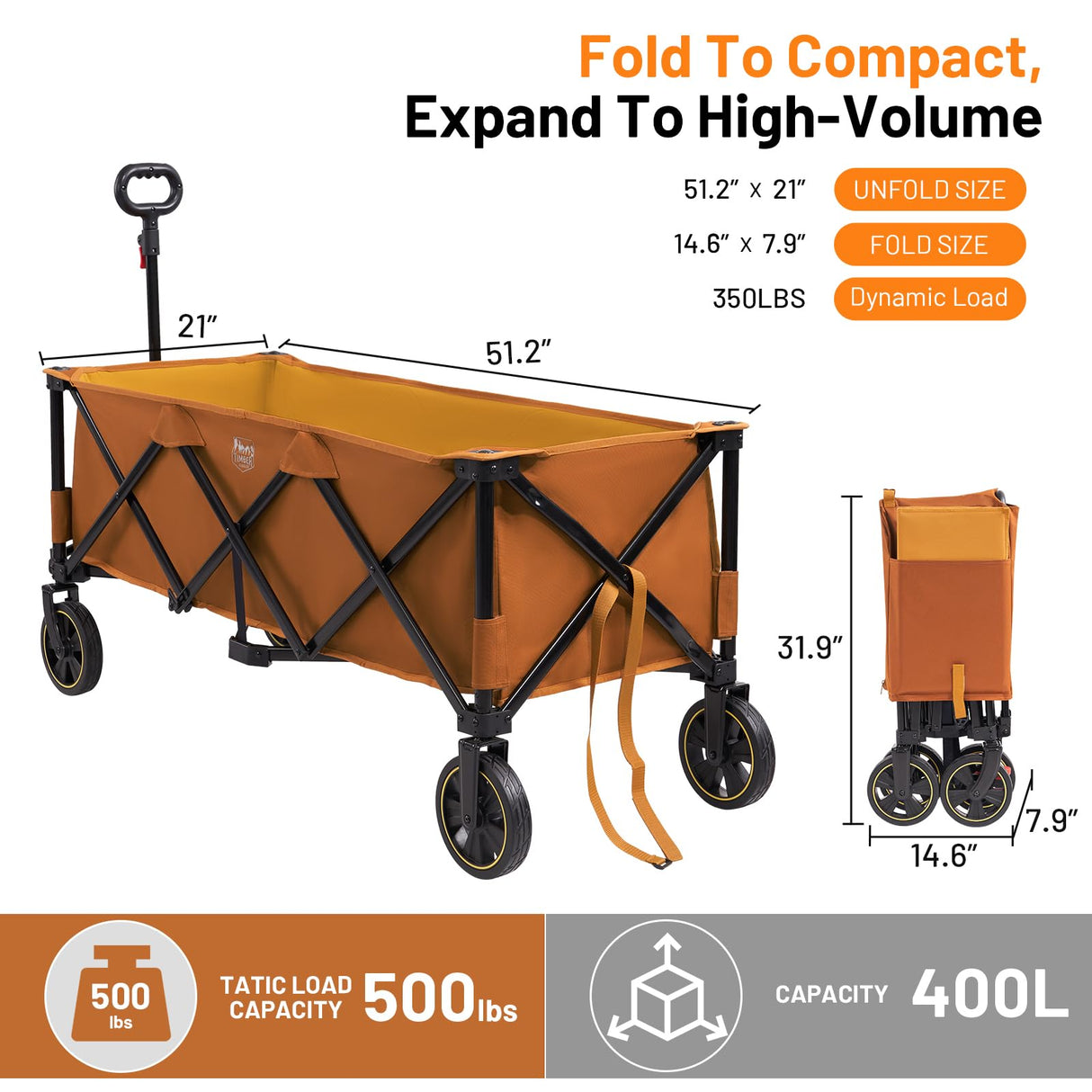 Timber Ridge 51.2'' Extended Collapsible Wagon Cart with Brakes