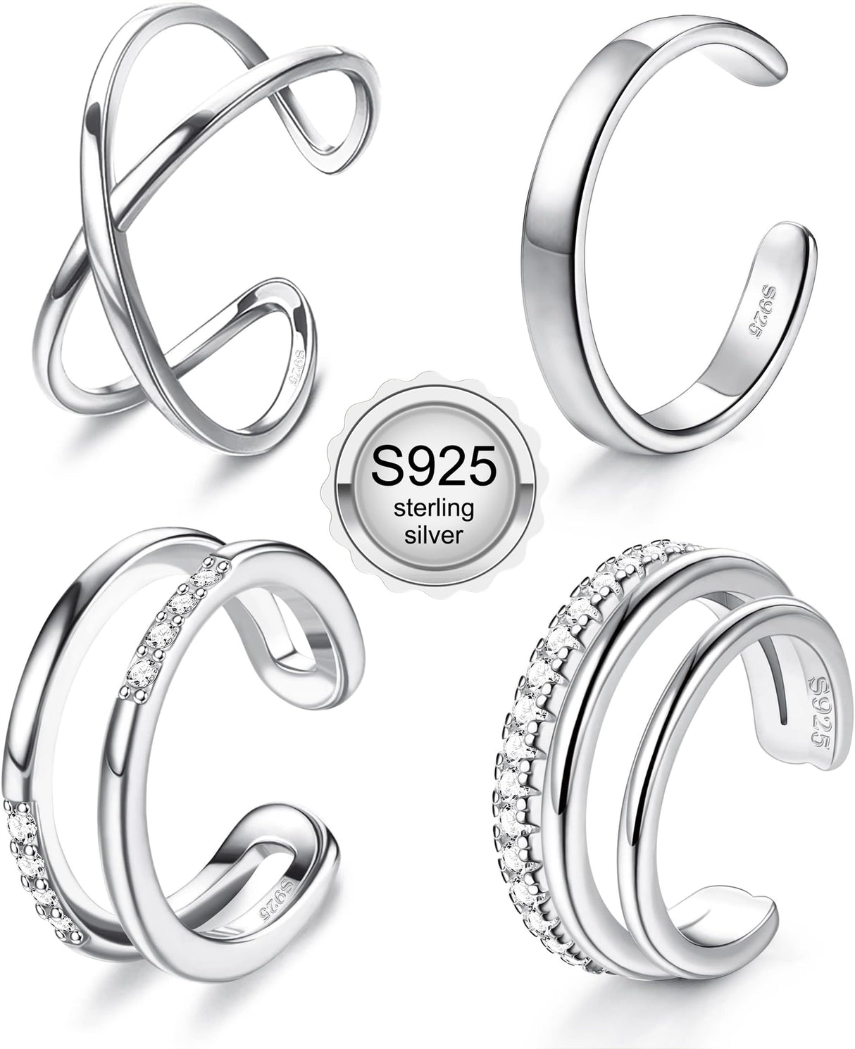 JeryWe 4 Pcs 925 Sterling Silver Ear Cuff for Women Non Piercing Adjustable Ear Cuff Earrings Clip On Cartilage Helix Wrap Ear Jewelry Set Sliver