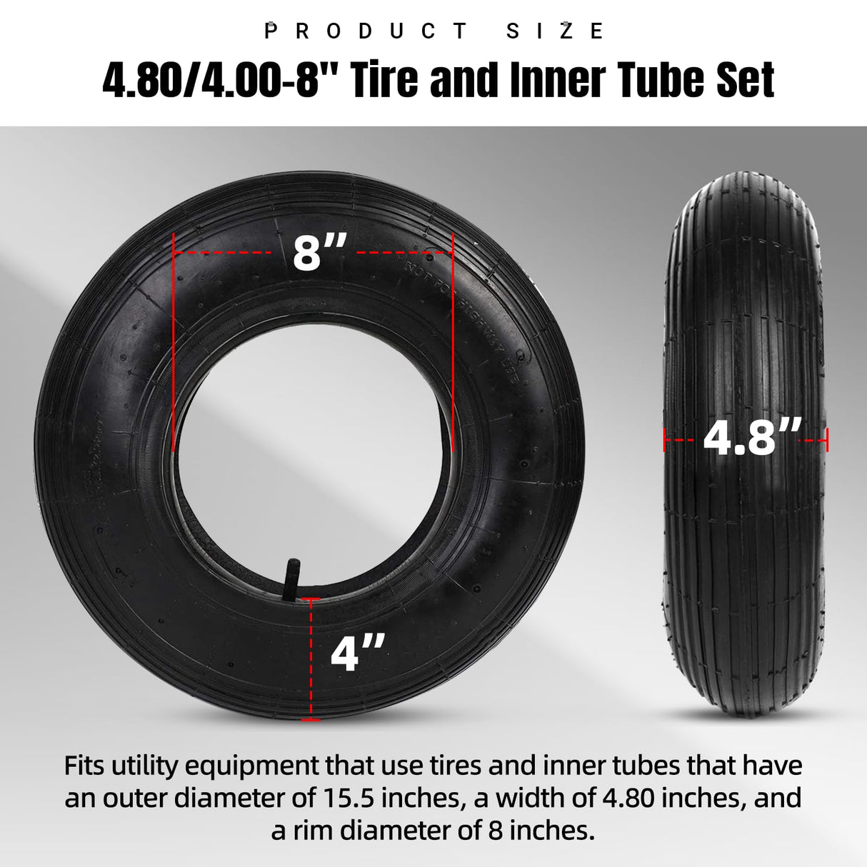 (2-Set) AR-PRO 4.80/4.00-8" Tire and Inner Tube Set - Universal Replacement Tires and Inner Tubes with 15.5" Outer Tire Diameter and 4.80" Tire Width - Fits on Dollies, Trolleys, Wagons, and More