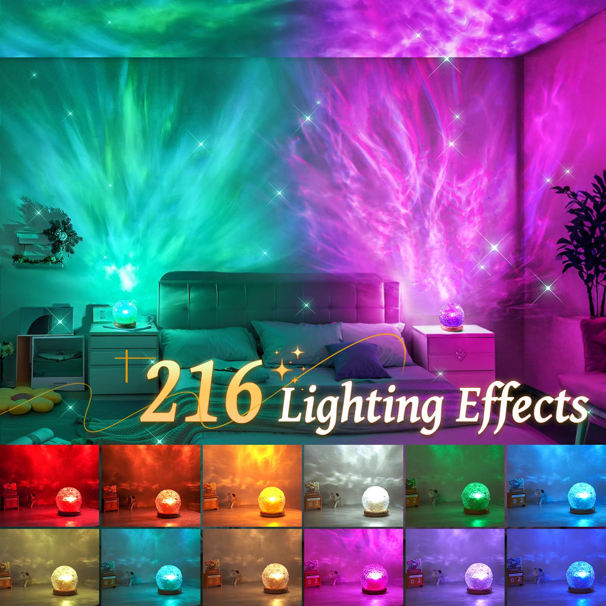 Mubarek Crystal Light Projector, 216 Modes Mood Lighting for Bedroom, Remote & USB Control Room Lights for Bedroom, Ambient Lighting Aesthetic Room Decor for Teen Girls Gifts, Christmas Gifts for Kids