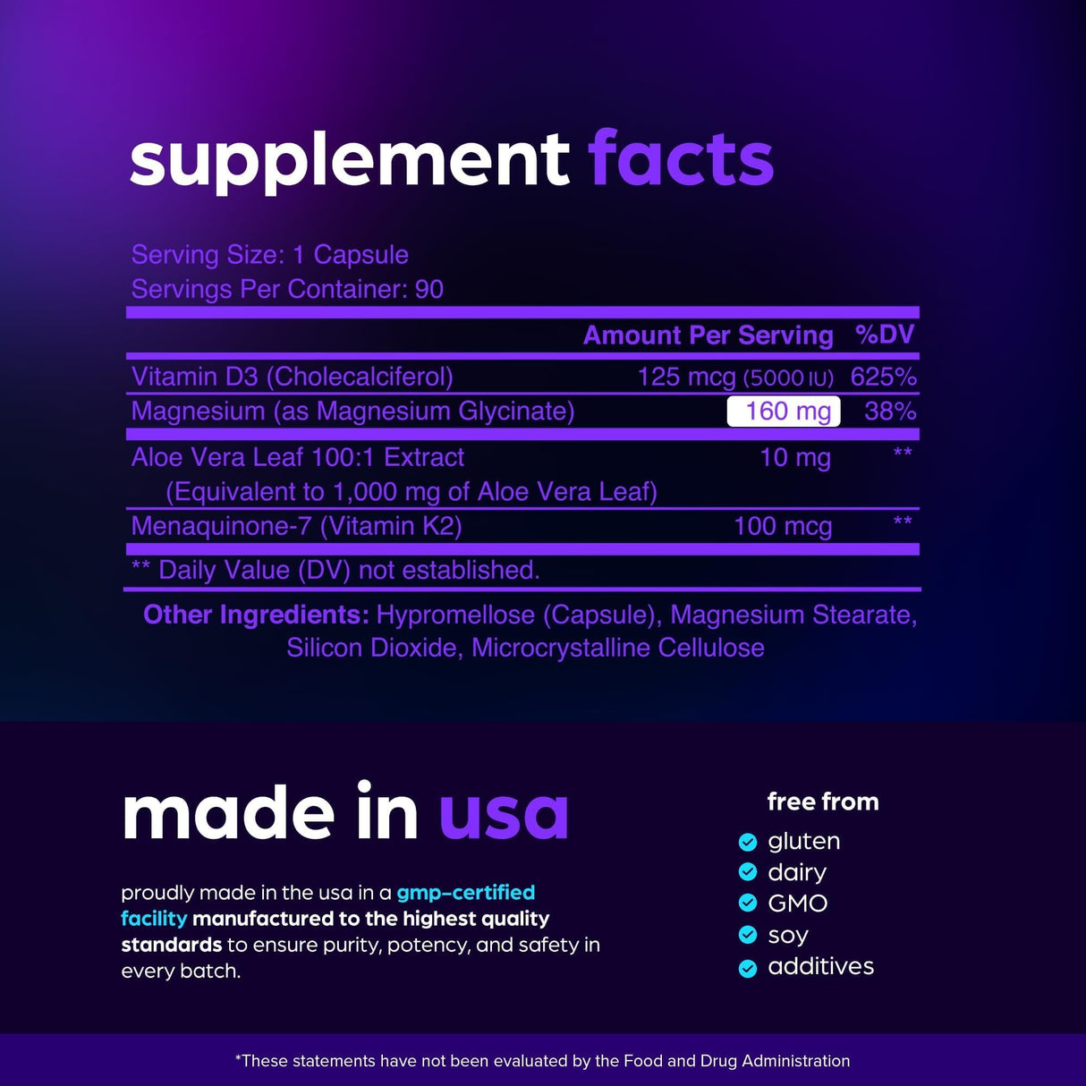 Magnesium Glycinate 1160mg + Aloe Vera, D3 & K2 Complex 90 Capsules – High Absorption, Non-Laxative – Supports Healthy Stress Response, Muscle Function & Healthy Metabolism – Chelated Formula