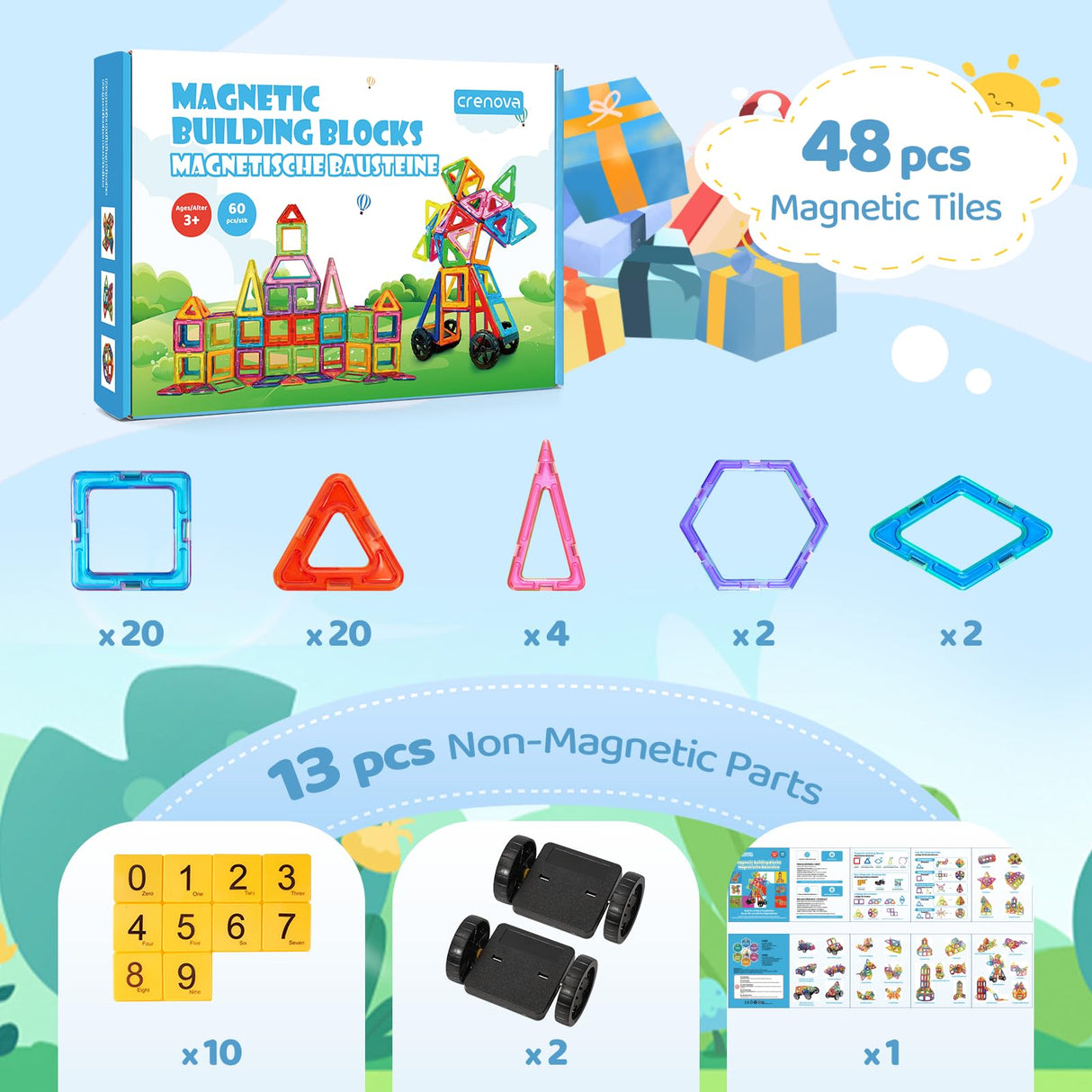 Crenova Magnetic Tiles with 2 Car Wheel Sets for Ages 3+ Boys & Girls, 60-Piece STEM Educational Toy, for Birthday Christmas