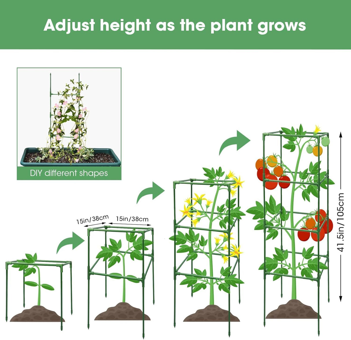 MQUPIN Tomato Cages,3 Packs Square Tomato Cage for Garden Plant Support,41 * 15 * 15in Heavy Duty Steel Plant Tower Stakes Trellis for Climbing Vegetables Flowers Fruits