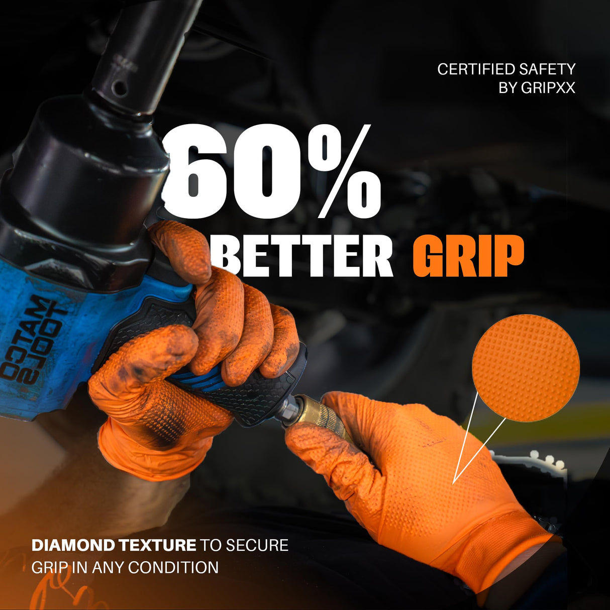 GRIPXX Herkules Grip Heavy Duty 8Mil Orange Nitrile Gloves,3D Raised Diamond Texture-Latex & Powder Free-Industrial, Mechanic (1, Large)