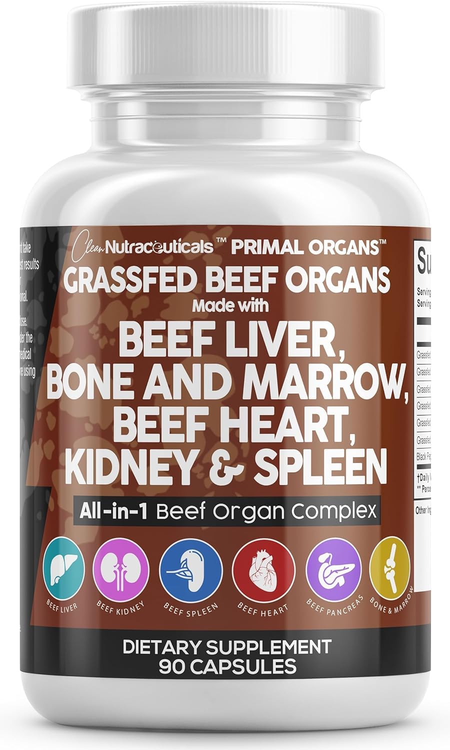 Clean Nutraceuticals Grass Fed Beef Liver Capsules - Premium Quality Supplement Packed with Desiccated, Beef Heart, Beef Spleen, Beef Pancreas Plus Bone & Marrow Dao Enzyme Pills
