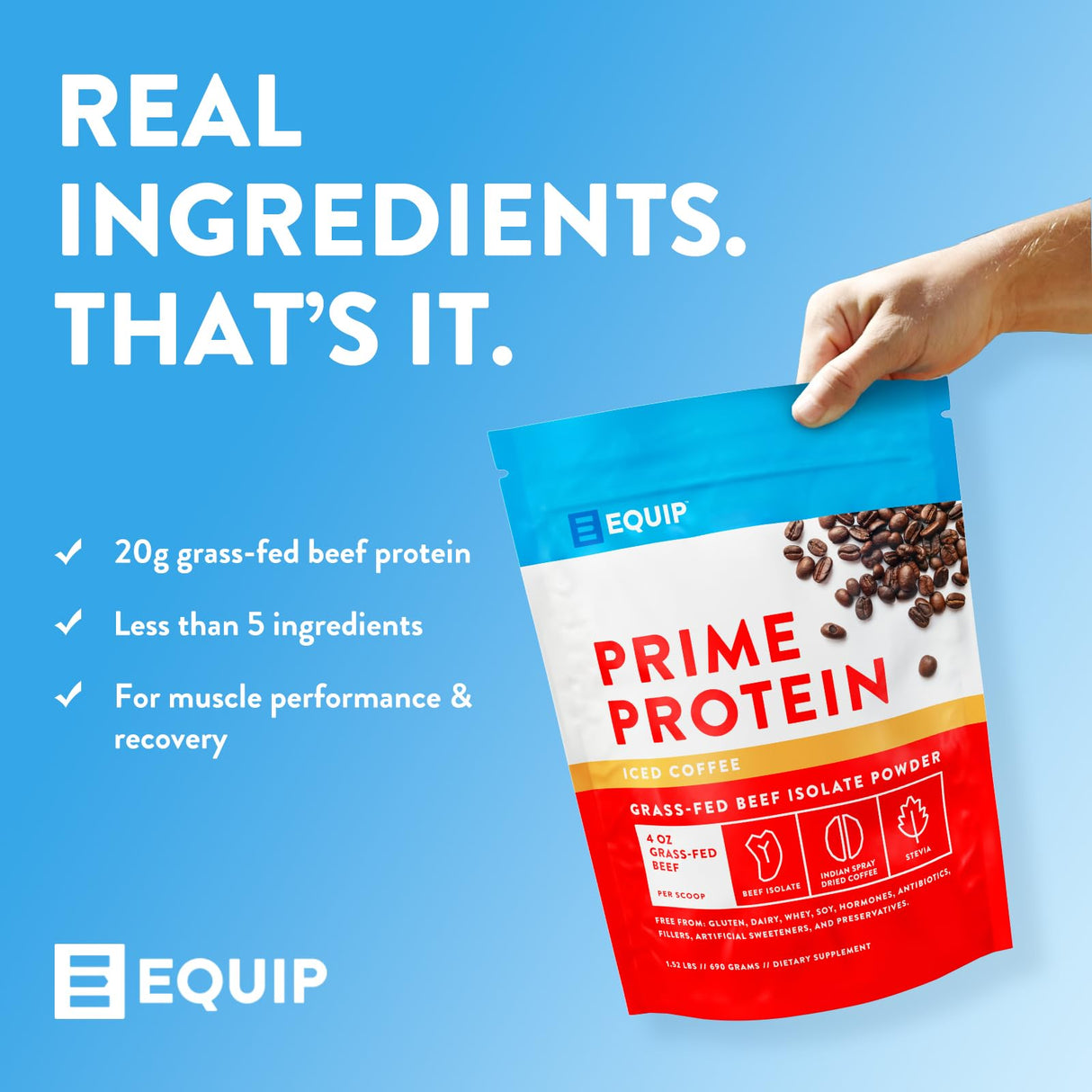 Equip Foods Prime Protein Powder | Clean, Grass Fed Beef Protein Isolate | Carnivore Protein Powder | Paleo, Keto Friendly | Gluten, Dairy Free | Helps Build & Repair Tissue | 30 Servings, Iced Coffee