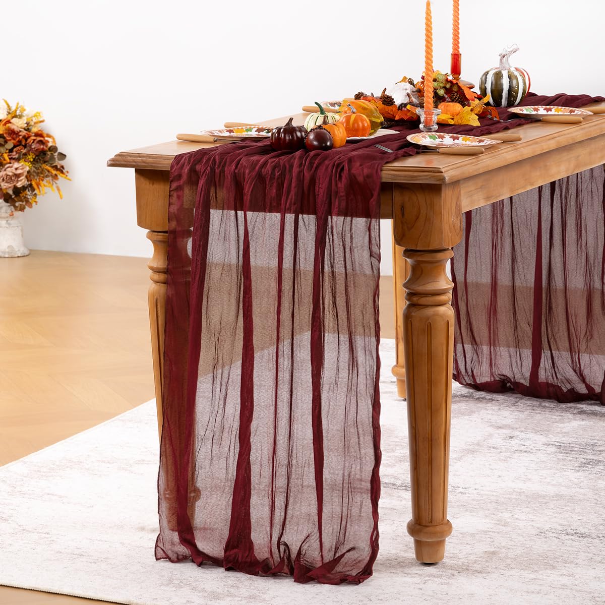 DeZerlor Burgundy Red Cheesecloth Table Runner 6 Pack Fall Table Runners Boho Gauze 120 Inches Red Cheese Cloth Fall Table Decorations for Thanksgiving Christmas Weddings Bridal Shower Candlelight