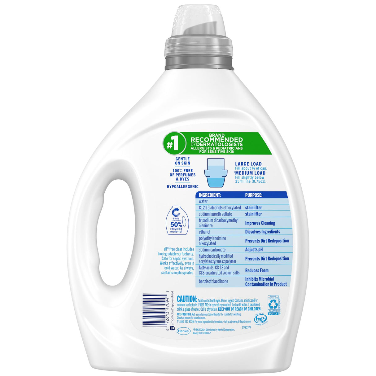 all free clear, Original, Liquid Laundry Detergent for Sensitive Skin, Unscented and Hypoallergenic, Concentrated, 82.5oz, 110 Loads