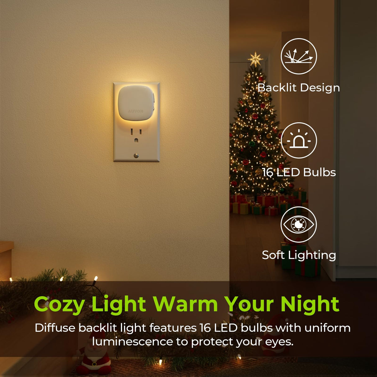 AUVON Plug-in LED Backlit Night Light with Motion Sensor & Dusk to Dawn Sensor, Dimmable Warm White Nightlight with 1-50 lm Adjustable Brightness for Bathroom, Bedroom, Hallway, Stairs (2 Pack)
