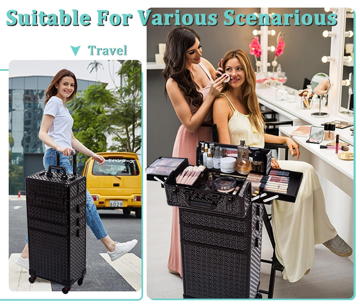 AROUS 5 in 1 Professional Makeup Train Case Aluminum Cosmetic Case Rolling Makeup Case Extra Large Trolley Makeup Travel Organizer, with 360° Swivel Wheels,Black