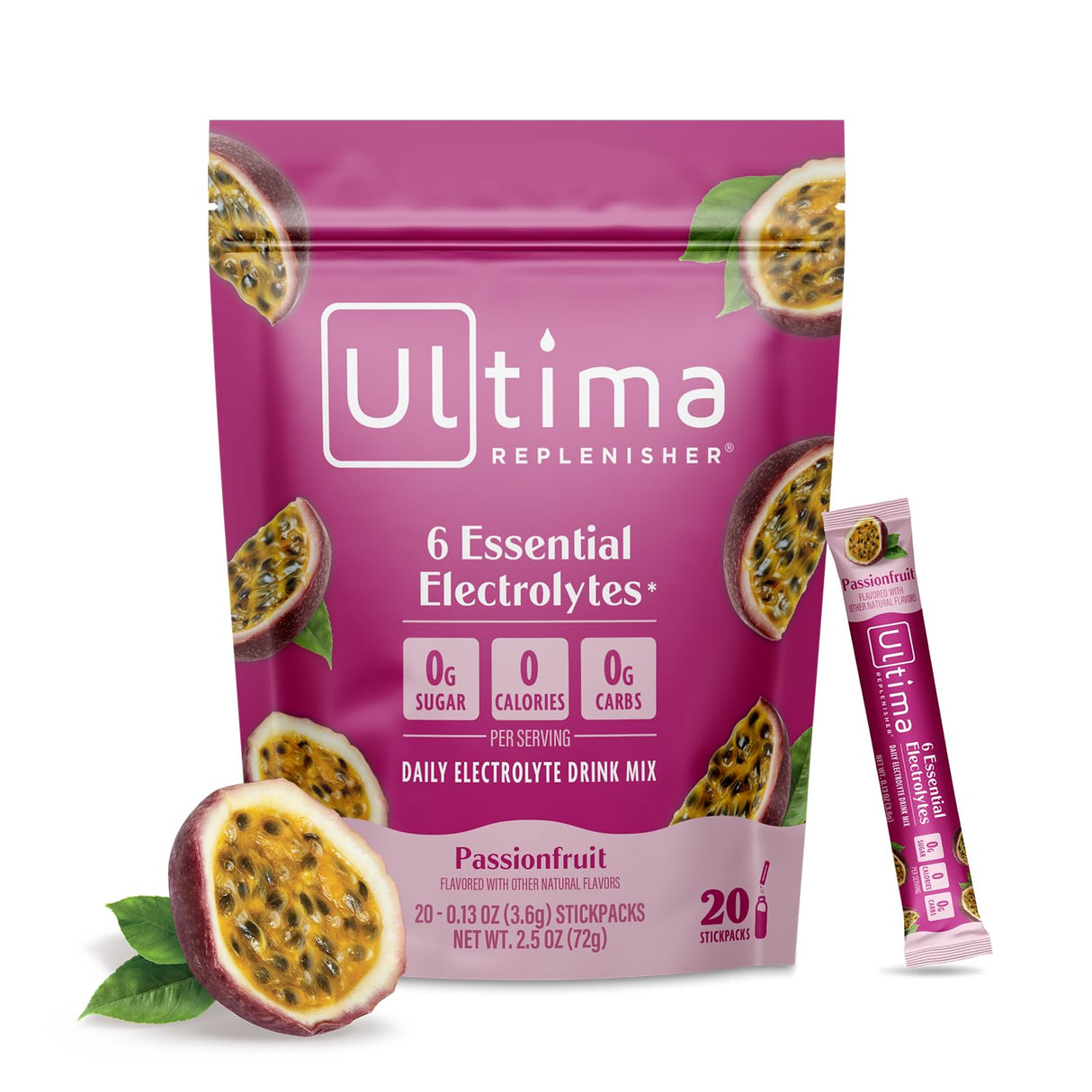 Ultima Replenisher Daily Electrolyte Powder Drink Mix – Sugar Free – Passionfruit, 20 Stickpacks – Hydration Packets with 6 Electrolytes and Trace Minerals – Keto Friendly, Non-GMO