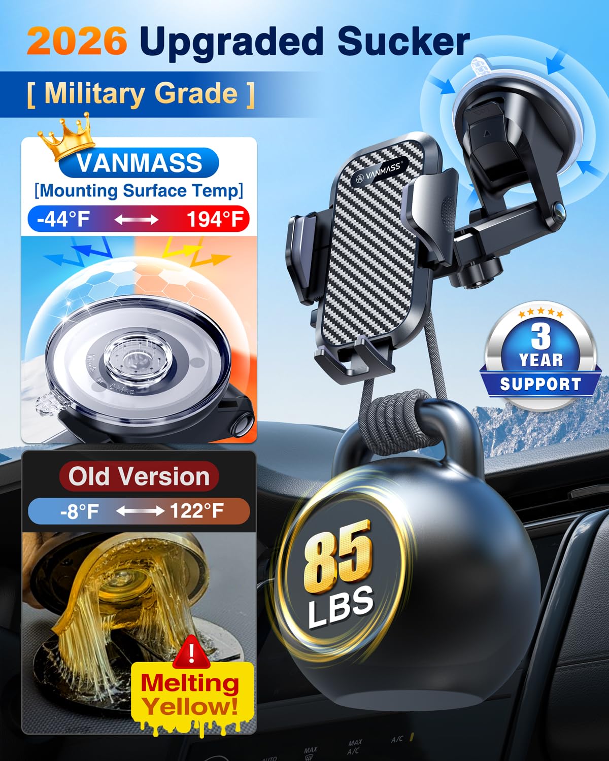 VANMASS Car Phone Holder 2026 Ultimate True Military-Grade【Upgraded Strongest Suction & Clip】 Cell Phone Car Mount Truck Windshield Dashboard Vent for iPhone 18 Pro Max 17 16 15 14 13 Android