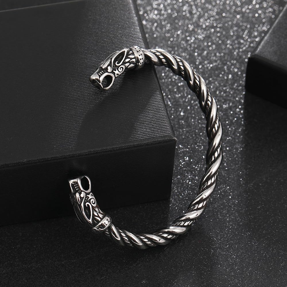 TURTLEDOVE Viking Wolf Fenrir Bangle - Adjustable Stainless Steel Norse Scandinavian Torc