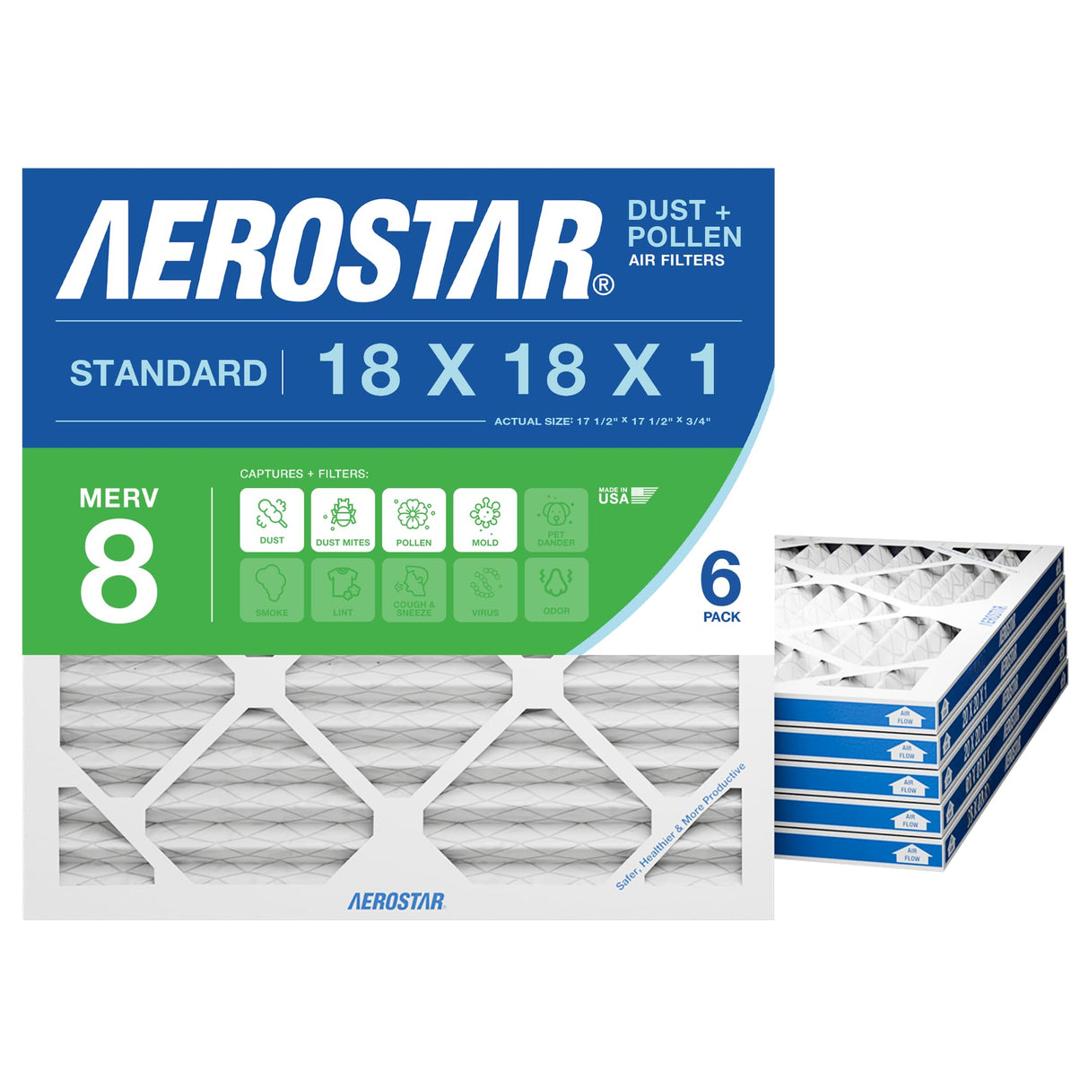 Aerostar 18x18x1 MERV 8 Air Filter, 6 Count, ACTUAL SIZE (17.50 x 17.50 x 0.75), HVAC, Air Conditioning & Furnace Filter Captures Dust, Lint & Pollen (MPR 600 / FPR 5), Made in USA