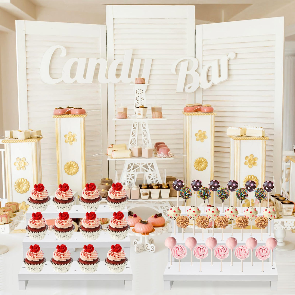KHayRovies 2Pcs Wood Cake Pop Display Stand, White Lollipop Holder 3 Tier with Twist Ties Lollipop Sticks, 33 Holes Sucker Storage Rack for Dessert Table of Wedding Birthday Party Christmas Day (B)