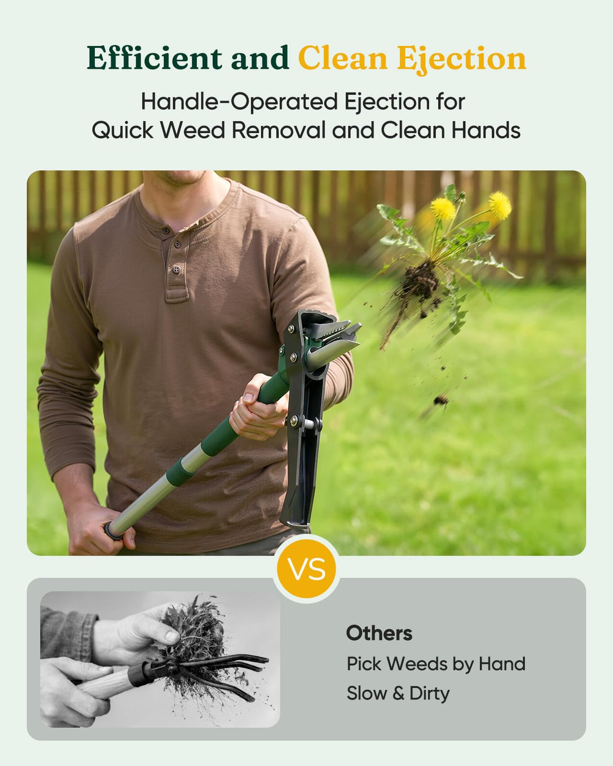 Grenebo Stand Up Weed Puller Tool, Claw Garden Weed Removal Tool with Eject Mechanism, Heavy-Duty Manual Weeder, Root Weed Remover Tool for Dandelion, Crabgrass & Weeds, Without Bending, or Kneeling