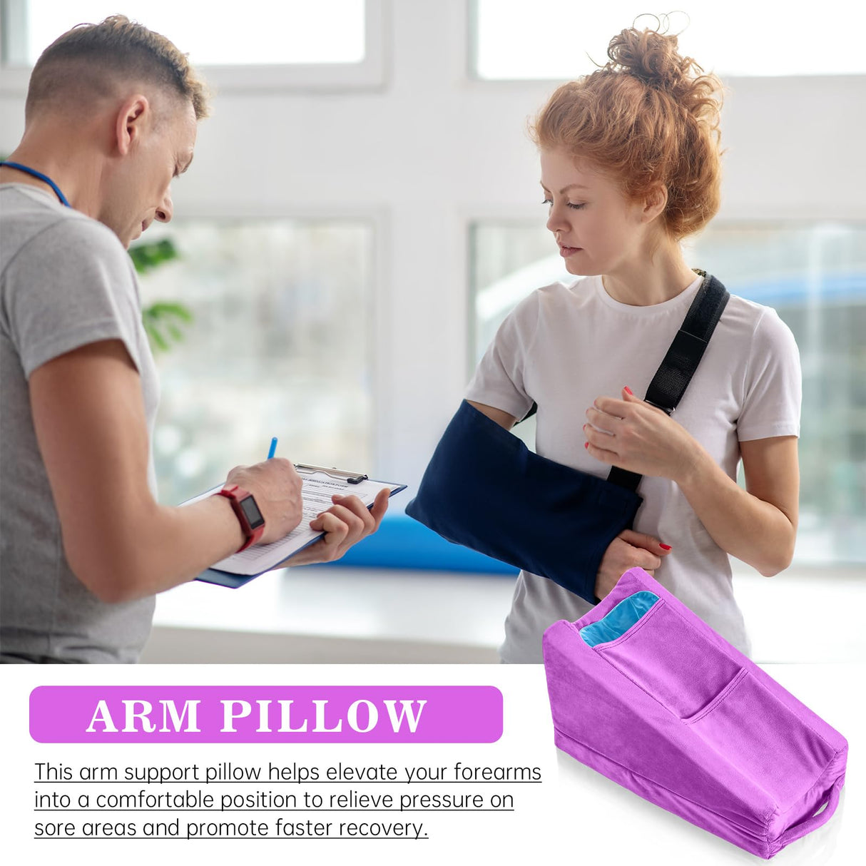Buryeah Arm Elevation Pillow with 2 Pockets, Soft Ergonomic Support Pillow for Elbow Rest Wedge Broken Arm Gifts with High Density Foam for Recovery Sleeping(Violet)