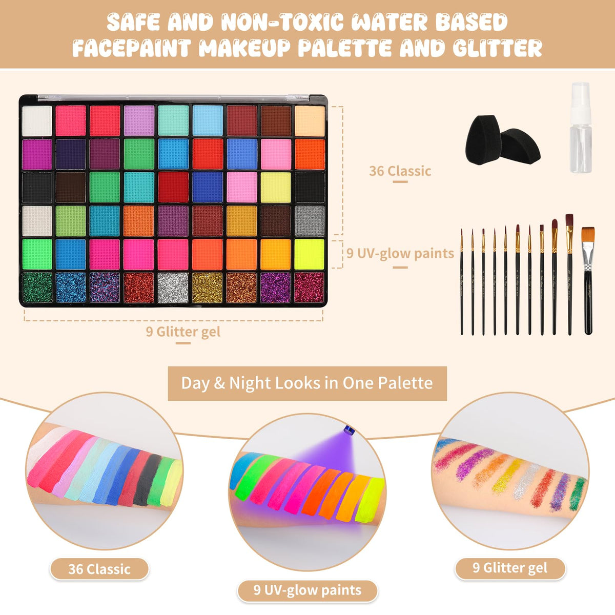 Pintada 54 Color Face Painting Kit for Kids - Non Toxic Water Activated Face Paint Palette with Stencils, Book, Brush & Sponges . For Halloween, Carnival, Party; Costume Makeup for Creative Activities