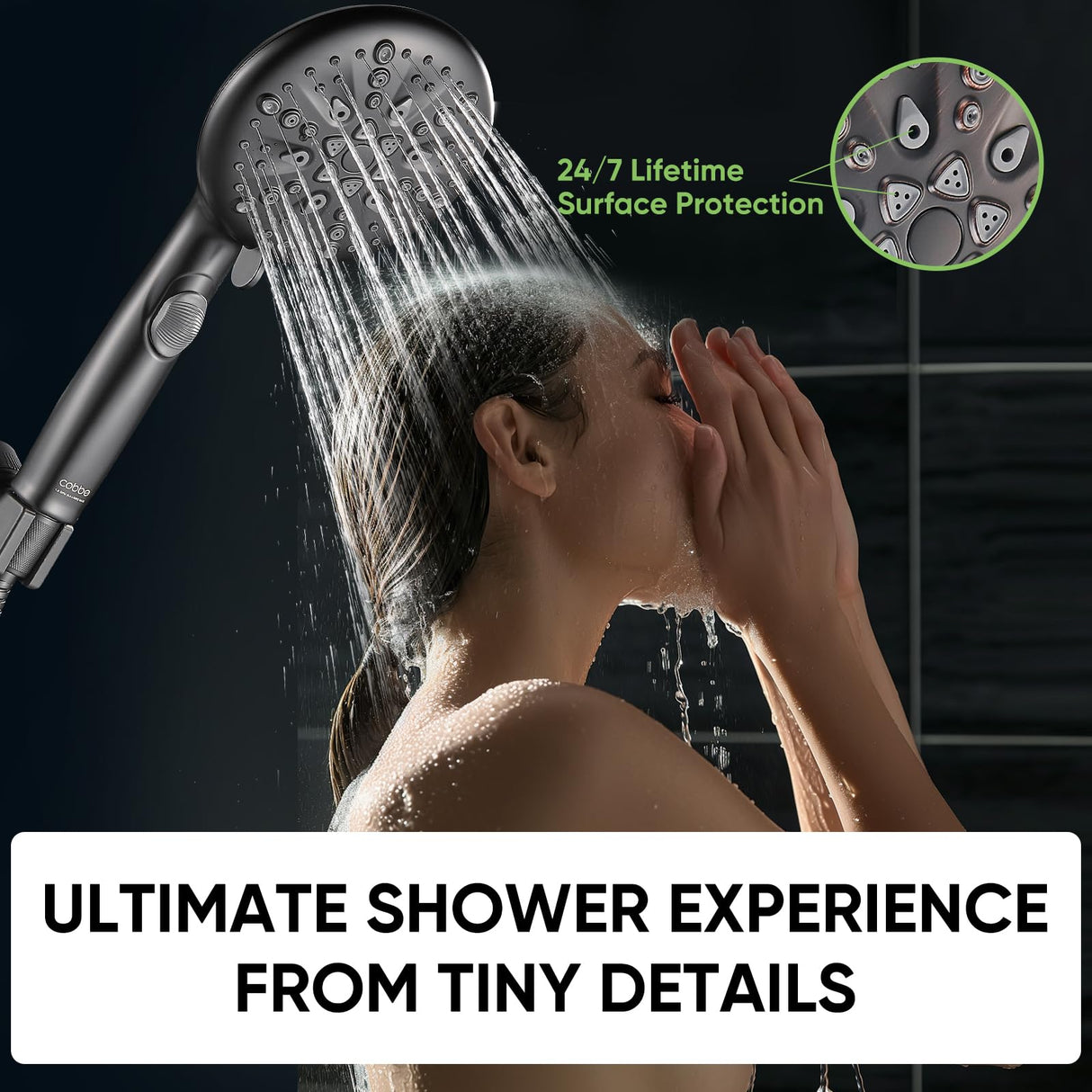 Cobbe 9-Function Shower Head with Built-in Power Spray, 1.8 GPM Water Saving ON/OFF Toggle Switch, High Pressure Handheld Showerhead with 1-Click Pause Button, Brass Bracket & 6ft Hose, Black