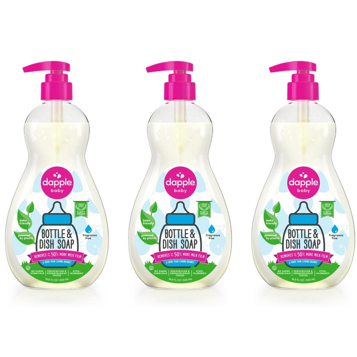 Dapple Baby Bottle Soap, Hypoallergenic Dish Soap for Baby Bottles, Powered by Plants, 1 Pump Included, Packaging May Vary, Fragrance Free, 16.9 Fl Oz (Pack of 3)