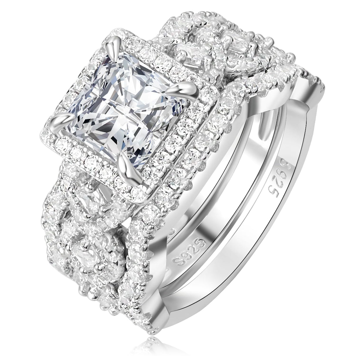 RYANEE Princess Cut Cubic Zirconia Halo Promise Engagement Ring For Women in 925 Sterling Silver, Simulated Diamond 14k White Gold Plated CZ Stackable Rings For Her, Wedding Band Bridal Ring Set 6
