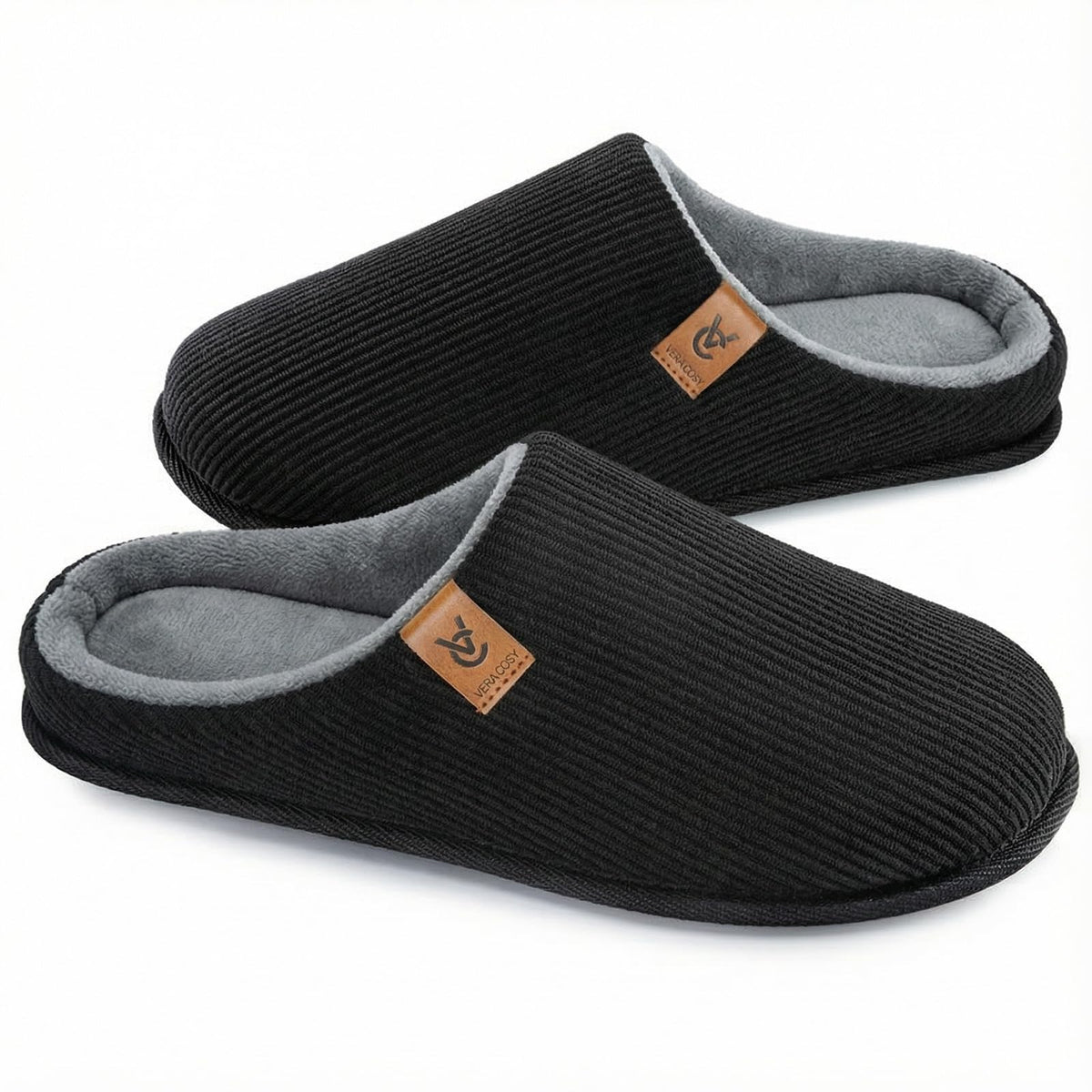 VeraCosy Mens Slippers Corduroy Memory Foam House Shoes Dark Black,11-12 US
