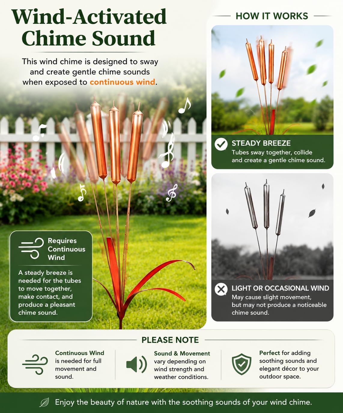 43“ Cattail Wind Chimes Stake Outdoor Decor – Plated Copper Metal Yard Cattail Plant Art Poles for Garden Patio