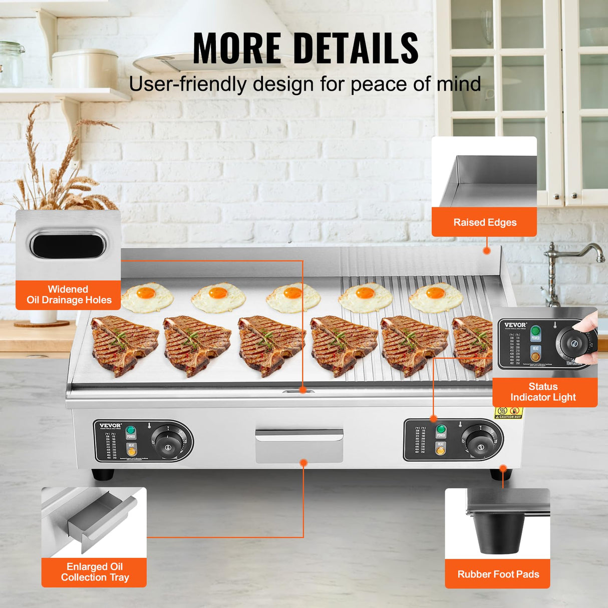 VEVOR Upgraded Commercial Electric Griddle, 2800W Countertop Half-Flat Top Grill, 122℉-572℉ Adjustable Temp, 29'' Stainless Steel Griddle Grill for Home or Restaurant(No Plug)