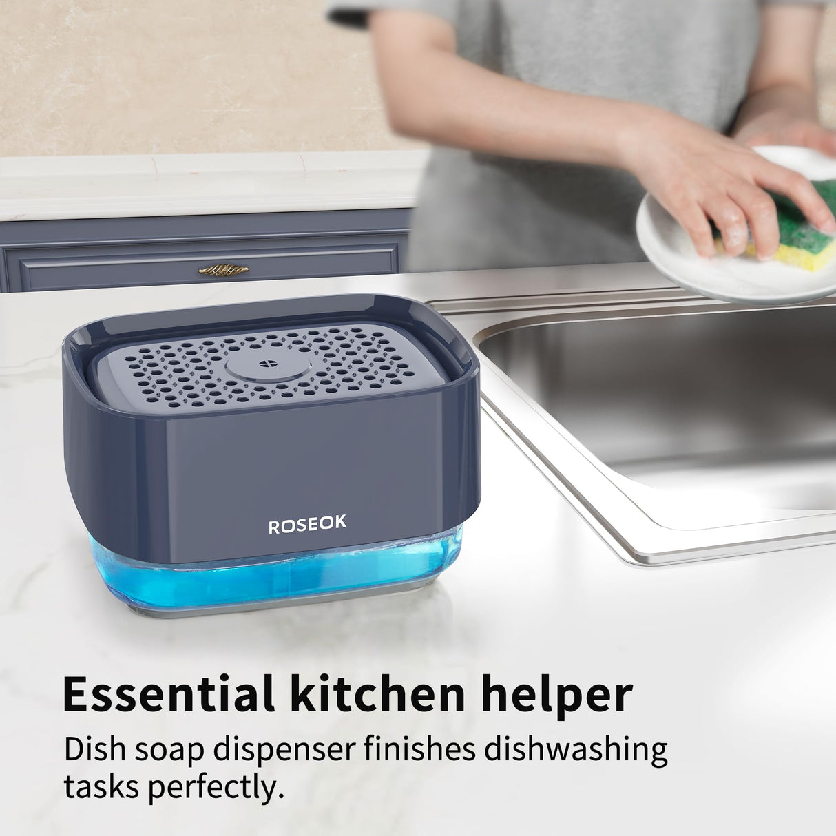 ROSEOK Dish Soap Dispenser with Sponge Holder, Countertop Soap Pump Dispenser for Sink Kitchen, Dish Cleaning, 17 Ounces, Navy Blue (Sponge Included)