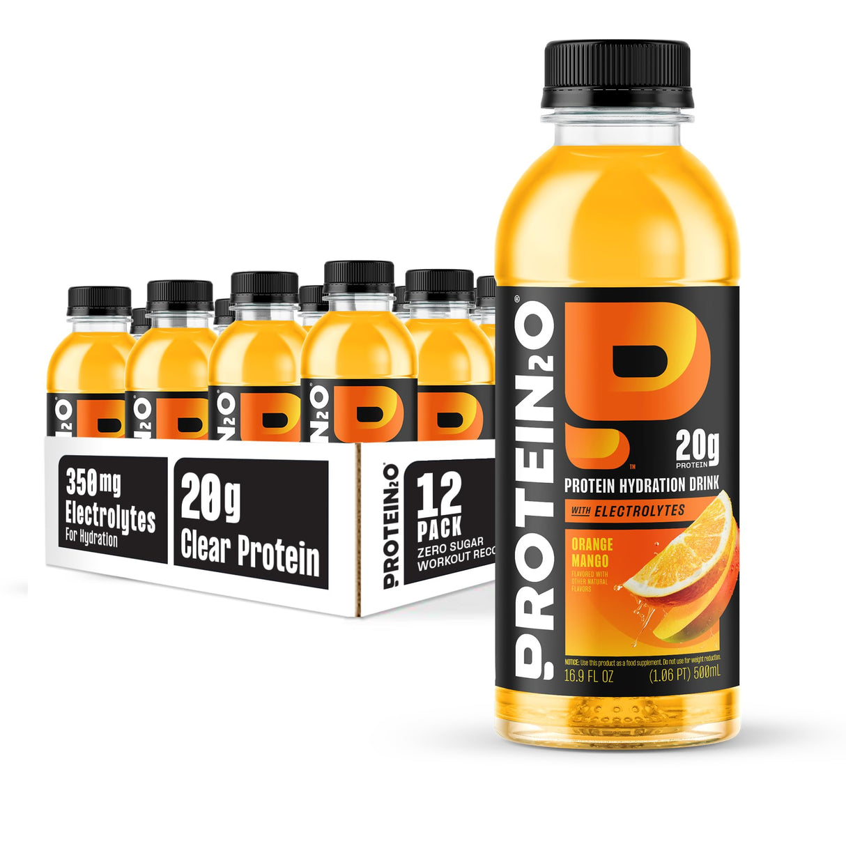 Protein2o Hydration Drink - 2-in-1 Liquid Clear Whey Protein Isolate and Electrolyte Drink - 20g Protein, Vitamins B5, B6 - Post-Workout Recovery - 16.9 Fl Oz - 12 Count Orange Mango
