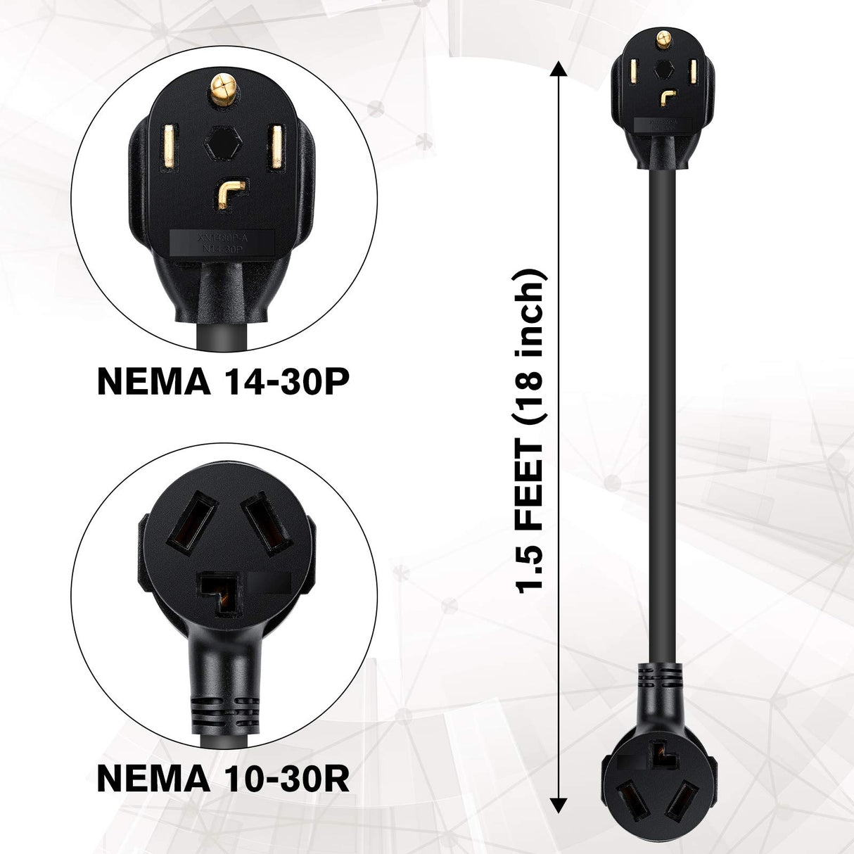 WELLUCK 1.5FT 3 Prong to 4 Prong Dryer Adapter, 3 to 4 Prong Dryer Plug Adapter, 4 Prone Dryer Outlet Adapter, 14-30P Male to 10-30R Female Receptacle for Old Clothes Dryer Converter, 30A, 250V