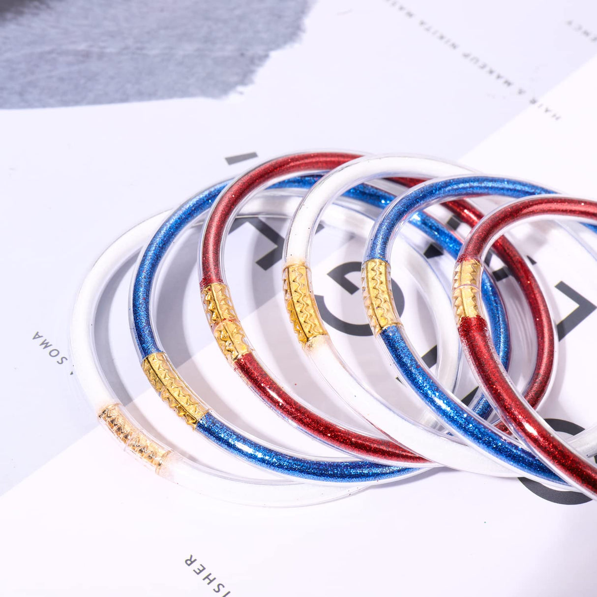 FAERLIIRY American Flag Bracelets Glitter Jelly Bangles Bracelets 4th of July Patriotic Bracelets for Women USA Red White Blue Bracelets Independence Day Jewelry Gifts (Patriotic-6PCS)