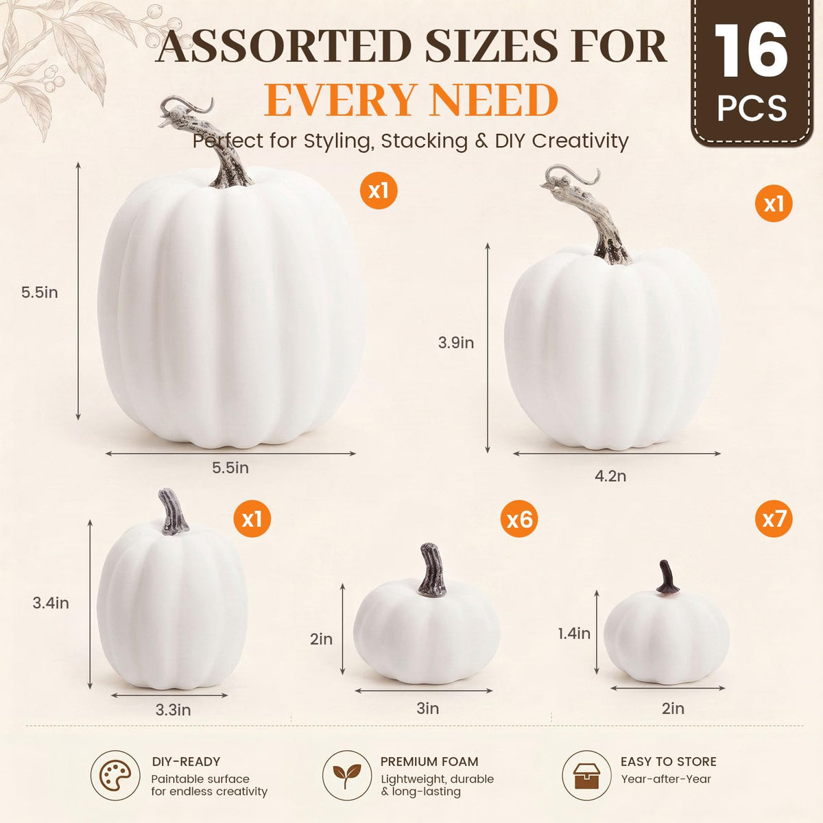 DomeStar 16 PCS White Fake Pumpkins for Decorating, Faux Pumpkins