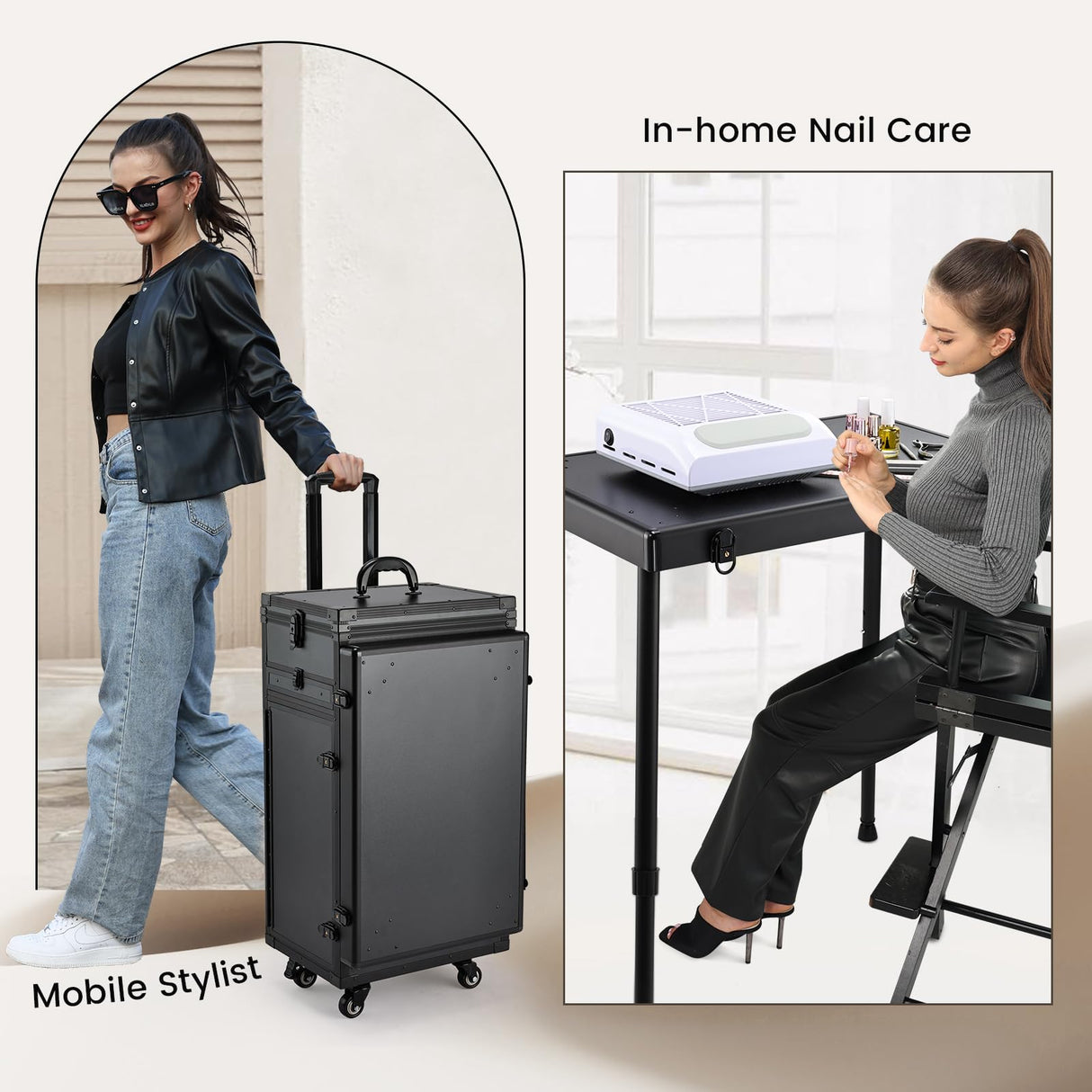 Joligrace Rolling Manicure Table 5 Drawers Makeup Case Foldable Nail Desk Cosmetology Case on Wheels Nail Tech Table with Brush Pouch for Technician Workstation Mobile Makeup Artist Trolley Black