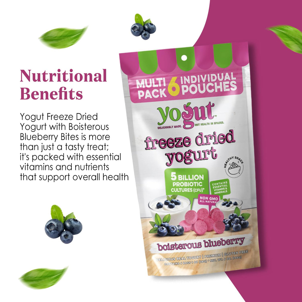 YoGut Freeze Dried Yogurt Snack, Blueberry, 6 Pack, Healthy Snacks for Kids, Toddlers & Adults, Gluten Free, Non GMO, With 5 Billion Live Probiotics, Vitamins & Minerals, Individual Snack Packs