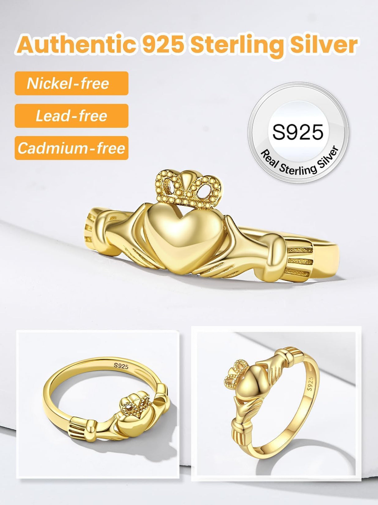 Bestyle Gold Claddagh Rings for Women Hypoallergenic Sterling Silver Women Gold Rings, Irish Infinity Love Ring Promise Ring for Her, Dainty Silver Gold Rings for Women