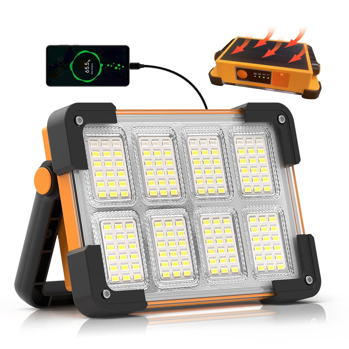 120W Solar Rechargeable Work Light, 144 LED 10000LM Led Work Light with 4 Modes, Portable Flood Light with Stand, IP66 Waterproof Outdoor Working Light for Emergency Mechanic Camping Repair (Yellow)