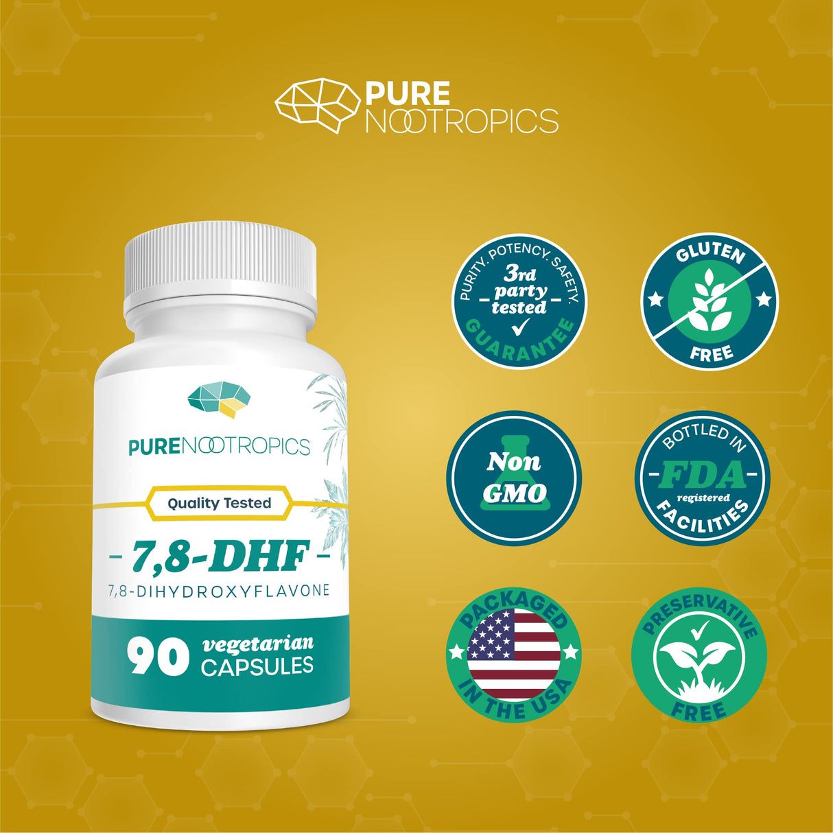 Pure Nootropics 7,8-DHF (7,8-Dihydroxyflavone) Capsules | 25 mg | 90 Vegetarian Capsules