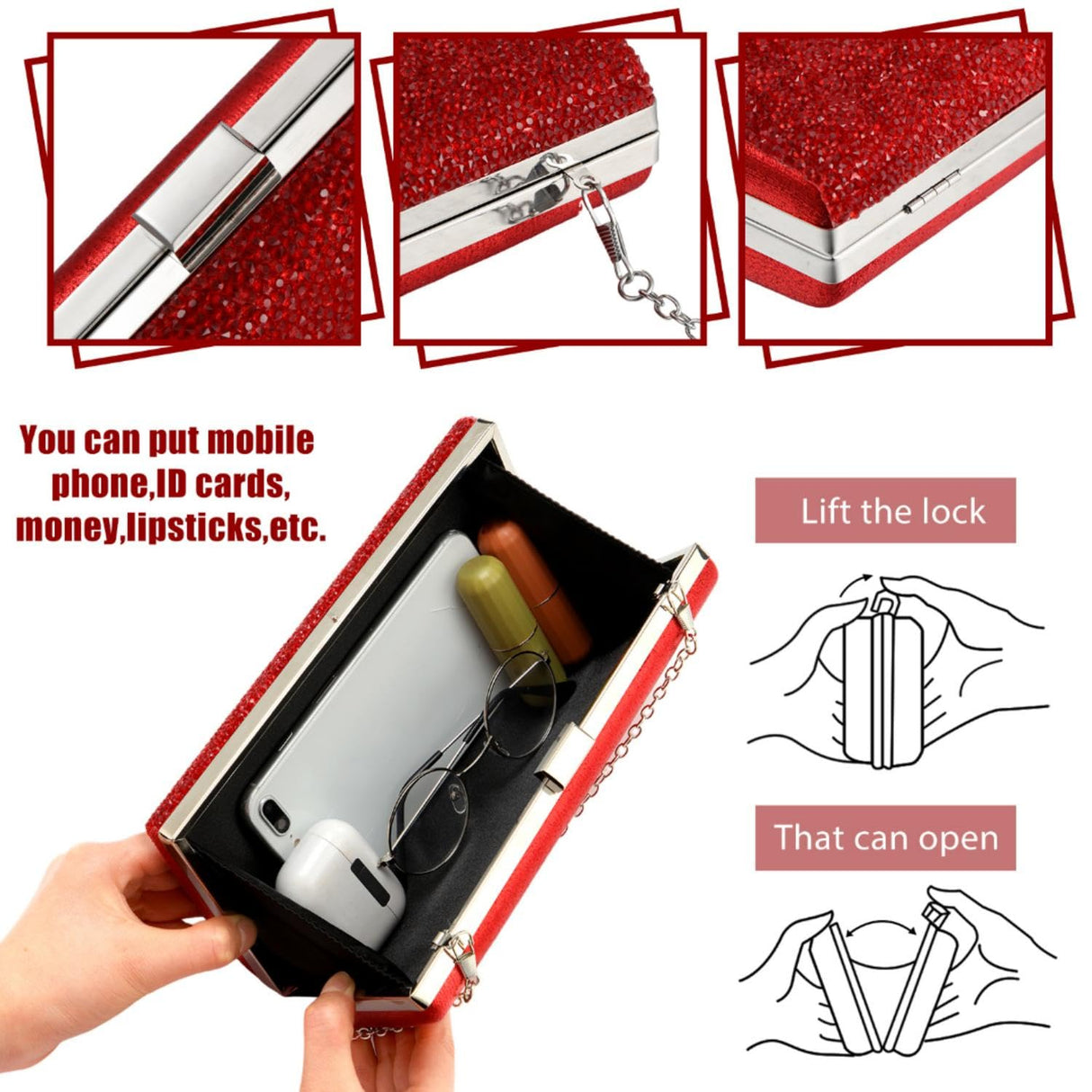 Kigeli 4 Pcs Women Rhinestone Clutch Purse Bling Jewelry Set,Red
