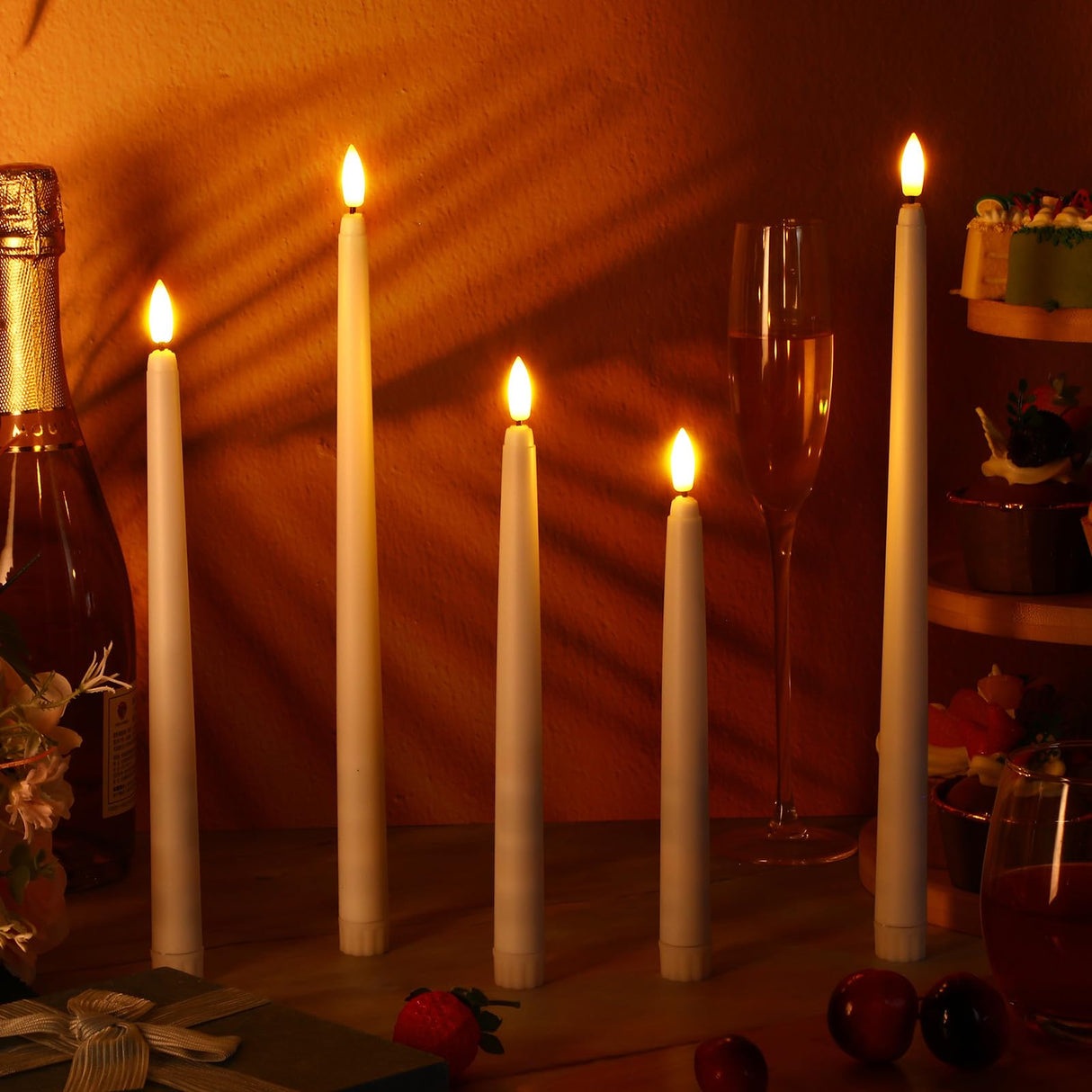 Rossesay 24 Pcs Flameless LED Taper Candles Battery Operated Candles 8.58'', 9.69'', 10.98'', 12.91'', 12.8'' Flameless Candlesticks Flickering for Halloween Christmas Church Wedding(White)