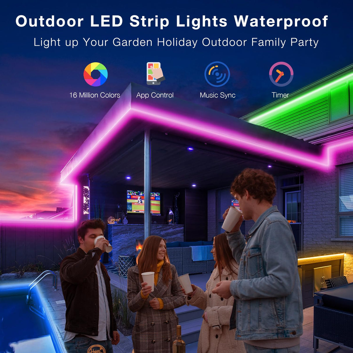 Outdoor LED Strip Lights Waterproof 200ft, IP67 Waterproof LED Light Strips with Remote, Music Sync APP Control, RGB Color Changing LED Lights for Roof, Balcony, Deck, Pool, Patio, Outdoor Decorations